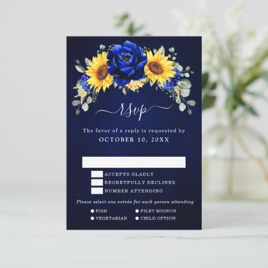Royal Blue Rustic Sunflower Modern Floral Wedding RSVP Kaartje (Staand voorkant)