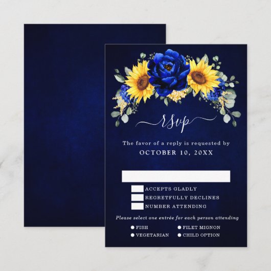 Royal Blue Rustic Sunflower Modern Floral Wedding RSVP Kaartje (Voorkant / Achterkant)