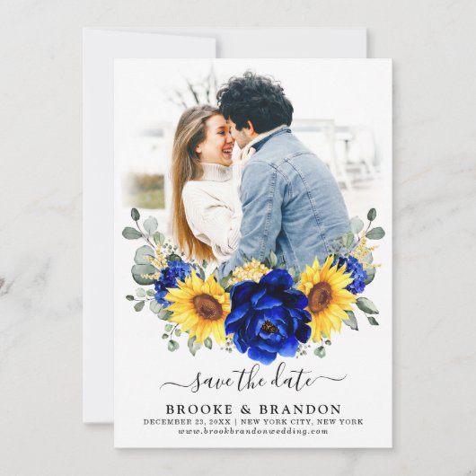 Royal Blue Rustic Sunflower Modern Floral Wedding Save The Date (Voorkant)
