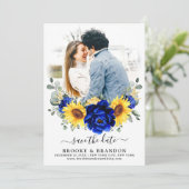 Royal Blue Rustic Sunflower Modern Floral Wedding Save The Date (Staand voorkant)
