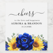 Royal Blue Rustic Sunflower Modern Floral Wedding Wijn Etiket (Enkel label)