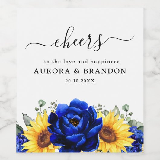 Royal Blue Rustic Sunflower Modern Floral Wedding Wijn Etiket (Enkel label)