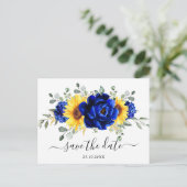 Royal Blue Rustic Sunflower Modern Save the Date Briefkaart (Staand voorkant)