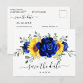 Royal Blue Rustic Sunflower Modern Save the Date Briefkaart (Voorkant / Achterkant)