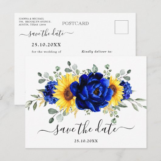 Royal Blue Rustic Sunflower Modern Save the Date Briefkaart (Voorkant / Achterkant)