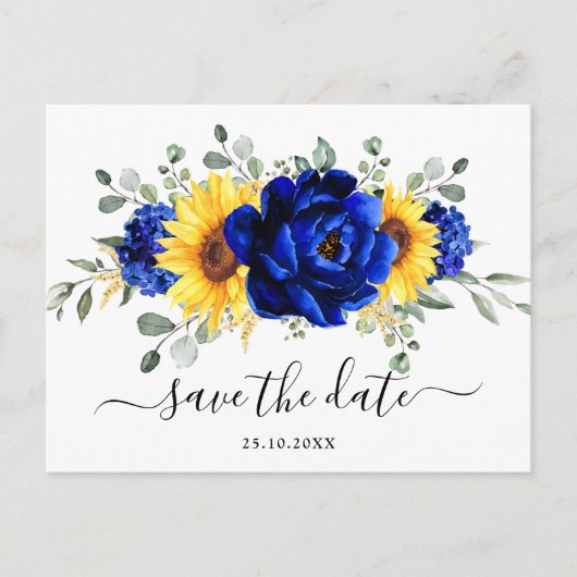 Royal Blue Rustic Sunflower Modern Save the Date Briefkaart (Voorkant)