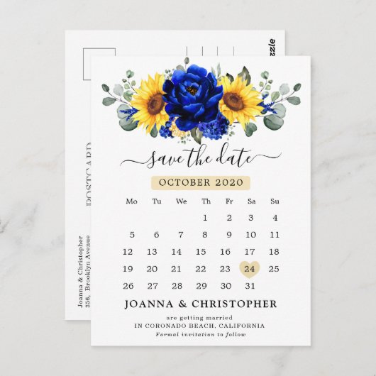 Royal Blue Rustic Sunflower Modern Save the Date Briefkaart (Voorkant / Achterkant)