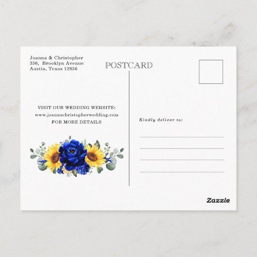 Royal Blue Rustic Sunflower Modern Save the Date Briefkaart (Achterkant)
