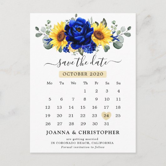 Royal Blue Rustic Sunflower Modern Save the Date Briefkaart (Voorkant)