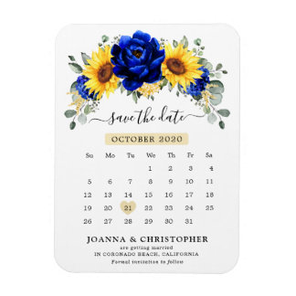 Royal Blue Rustic Sunflower Modern Save the Date Magneet
