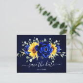 Royal Blue Rustic Sunflower Modern Save the Date P Briefkaart (Staand voorkant)