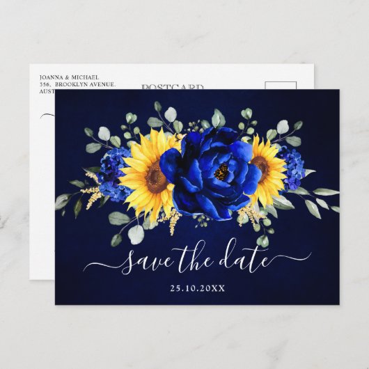 Royal Blue Rustic Sunflower Modern Save the Date P Briefkaart (Voorkant / Achterkant)