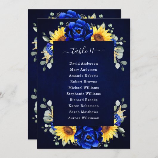 Royal Blue Rustic Sunflower Modern Seating Chart I Kaart (Voorkant / Achterkant)