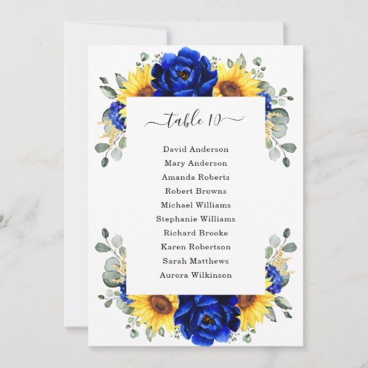 Royal Blue Rustic Sunflower Modern Seating Chart Kaart (Voorkant)