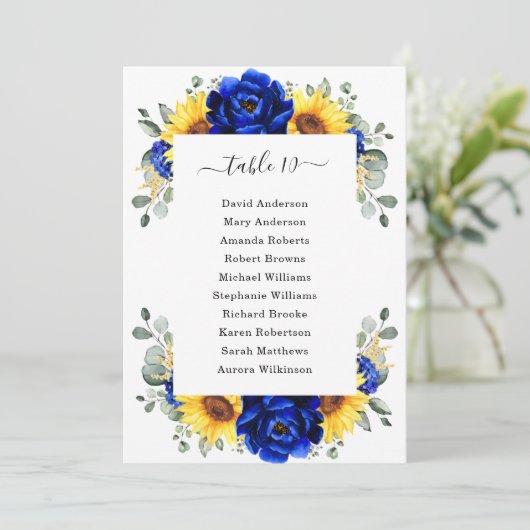 Royal Blue Rustic Sunflower Modern Seating Chart Kaart (Staand voorkant)