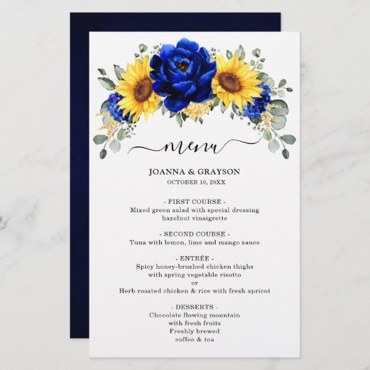 Royal Blue Rustic Sunflower Modern Wedding Menu