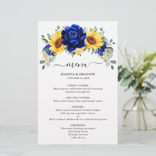 Royal Blue Rustic Sunflower Modern Wedding Menu (Staand voorkant)