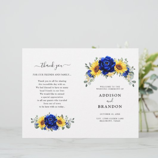 Royal Blue Rustic Sunflower Modern Wedding Program (Staand voorkant)