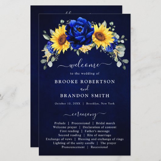 Royal Blue Rustic Sunflower Modern Wedding Program (Voorkant / Achterkant)