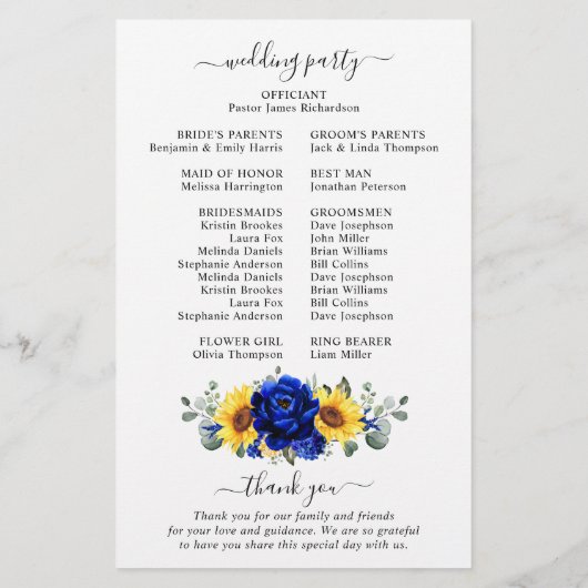 Royal Blue Rustic Sunflower Modern Wedding Program (Achterkant)