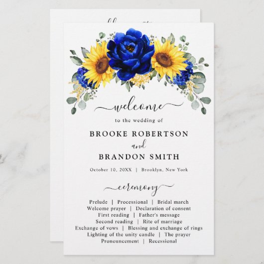 Royal Blue Rustic Sunflower Modern Wedding Program (Voorkant / Achterkant)