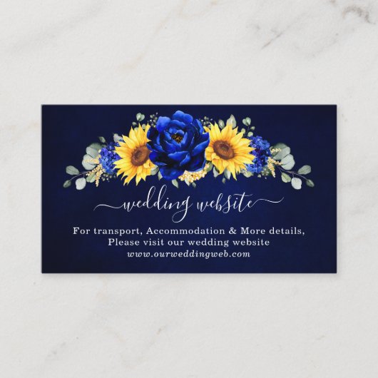 Royal Blue Rustic Sunflower Modern Wedding Website Informatiekaartje (Voorkant)