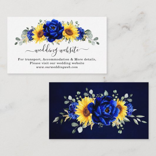 Royal Blue Rustic Sunflower Modern Wedding Website Informatiekaartje (Voorkant / Achterkant)