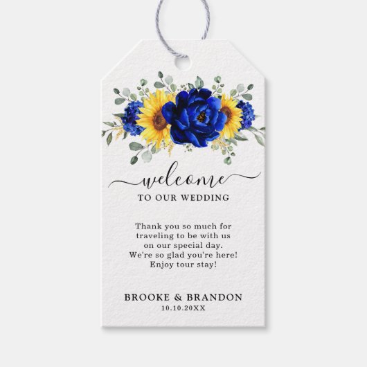 Royal Blue Rustic Sunflower Modern Wedding Welkom Cadeaulabel (Voorkant)