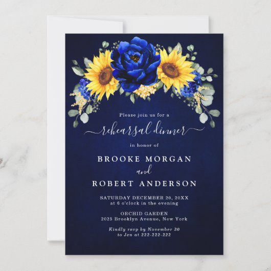 Royal Blue Rustic Sunflower Rehearsal Dinner Invit Kaart (Voorkant)