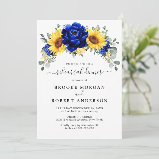 Royal Blue Rustic Sunflower Rehearsal Dinner Kaart (Staand voorkant)