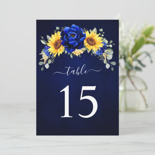 Royal Blue Rustic Sunflower Table Number Kaart (Staand voorkant)