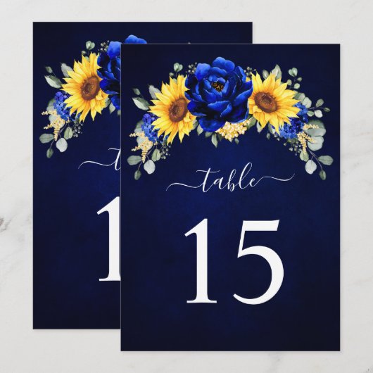 Royal Blue Rustic Sunflower Table Number Kaart (Voorkant / Achterkant)