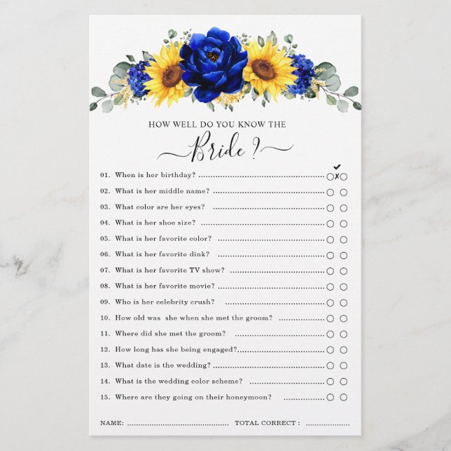 Royal Blue Rustic Sunflower Vrijgezellenfeest Game (Voorkant)