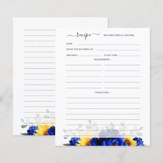 Royal Blue Rustic Sunflower Vrijgezellenfeest Reci (Voorkant / Achterkant)