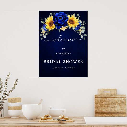 Royal Blue Rustic Sunflower Vrijgezellenfeest Welk Poster (Keuken)