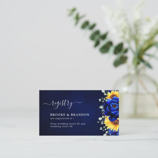 Royal Blue Rustic Sunflower Wedding Registry Enclo Informatiekaartje (Staand voorkant)