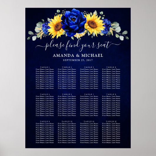 Royal Blue Rustic Sunflower Wedding Seating Chart Poster (Voorkant)