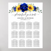 Royal Blue Rustic Sunflower Wedding Seating Chart Poster (Voorkant)