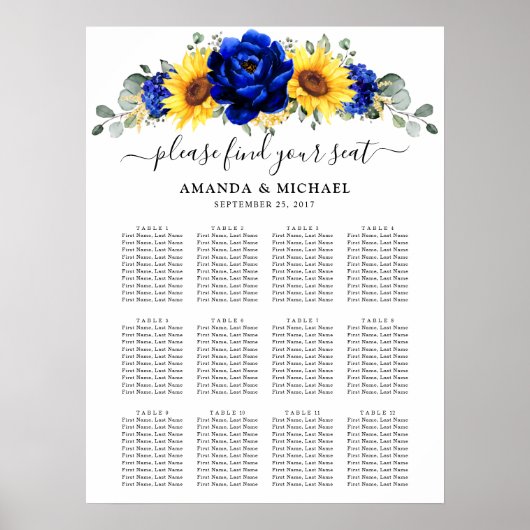 Royal Blue Rustic Sunflower Wedding Seating Chart Poster (Voorkant)