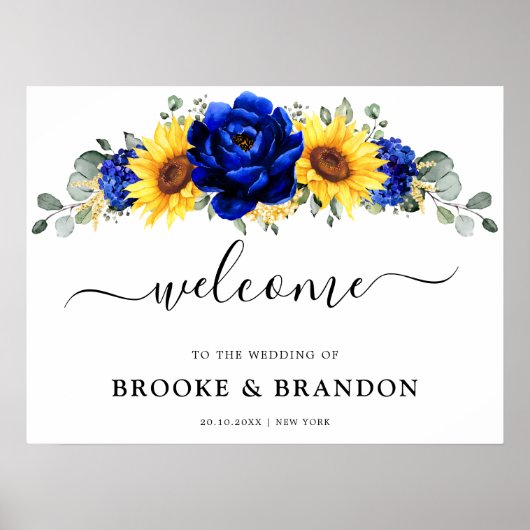 Royal Blue Rustic Sunflower Wedding Welcome Poster (Voorkant)