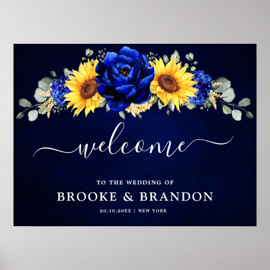 Royal Blue Rustic Sunflower Wedding Welcome Poster (Voorkant)