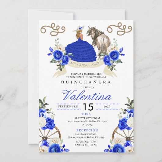 Royal Blue rustieke Charro Westerne Quinceañera Kaart (Voorkant)
