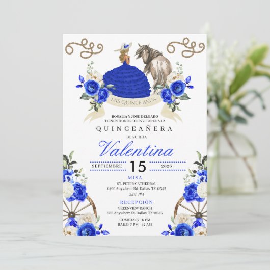 Royal Blue rustieke Charro Westerne Quinceañera Kaart (Staand voorkant)