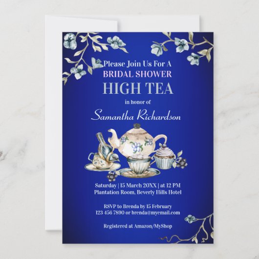 Royal blue rustige waterverf high tea kaart (Voorkant)