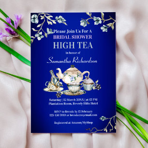 Royal blue  rustige waterverf high tea kaart