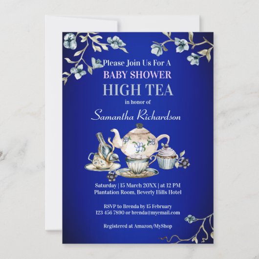Royal blue  rustige waterverf high tea kaart (Voorkant)