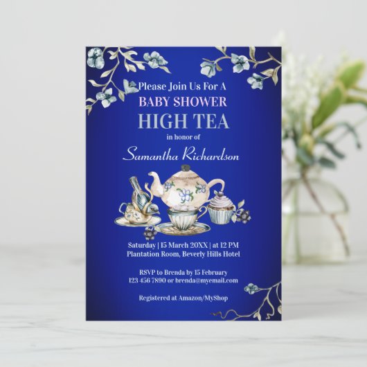 Royal blue  rustige waterverf high tea kaart (Staand voorkant)