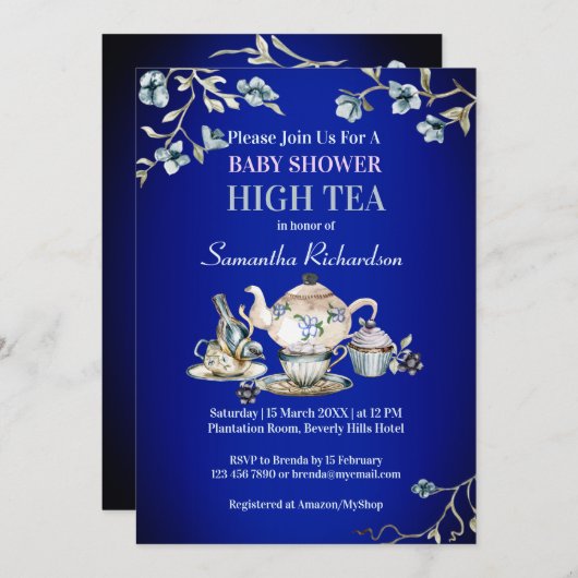 Royal blue  rustige waterverf high tea kaart (Voorkant / Achterkant)