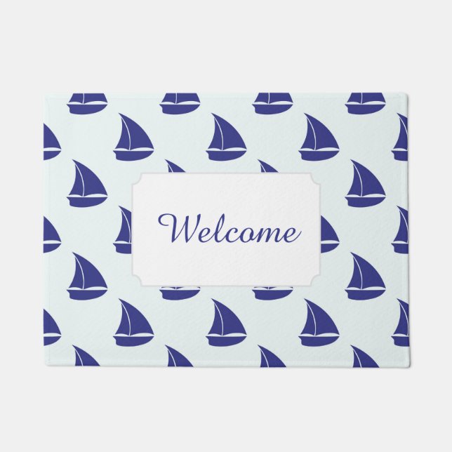 Royal Blue Sailboat Pattern | Jouw tekst toevoegen Deurmat (Voorkant)
