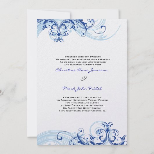 Royal Blue Scroll Fleurish Wedding Invitation Kaart (Voorkant)